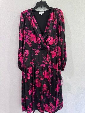 Signature by Robbie Bee Black Dress with Hot Pink Floral Print